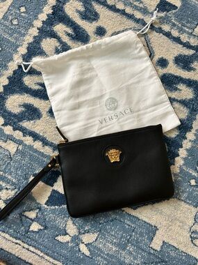 Versace Black Leather Wristlet Clutch with Gold Medusa